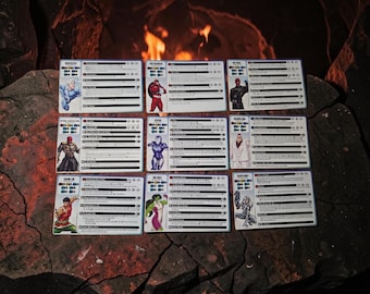 May include: Nine rectangular game cards featuring character illustrations and text stats for Quicksilver, Red Guardian, Red Skull, Baron Zemo, Nebula, Kingpin, Shang-Chi, She-Hulk, and Silver Sable, arranged in a grid on a dark, textured surface.