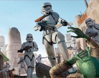 May include: Illustration of a Star Wars scene featuring multiple Stormtroopers in white armor, armed with blasters, amidst a chaotic environment. A green-skinned alien is on the ground. The background shows buildings and a blue sky.