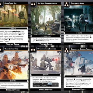 Puede incluir: Tres cartas coleccionables de Star Wars con im&aacute;genes de veh&iacute;culos y soldados de la Alianza Rebelde y el Imperio. Las cartas son de las expansiones Tempest Force y Blizzard Force. Las cartas tienen texto que dice "Drive Them Out", "We Need Reinforcements" y "Constantly Alert".