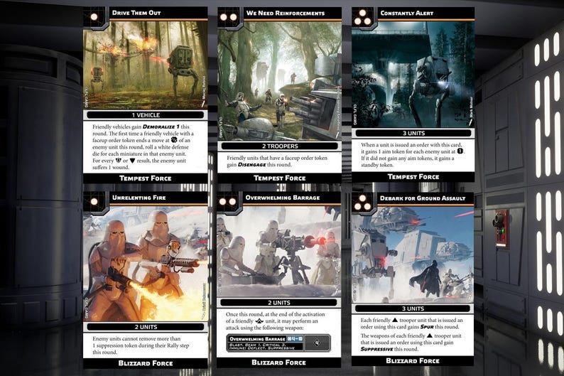 Puede incluir: Tres cartas coleccionables de Star Wars con im&aacute;genes de veh&iacute;culos y soldados de la Alianza Rebelde y el Imperio. Las cartas son de las expansiones Tempest Force y Blizzard Force. Las cartas tienen texto que dice "Drive Them Out", "We Need Reinforcements" y "Constantly Alert".