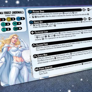 May include: A trading card featuring Emma Frost (Normal) from Marvel. The card has a white and blue color scheme with a detailed illustration of the character. Text includes game mechanics and abilities.