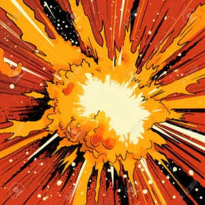 May include: A comic book style illustration of a large explosion featuring a bright cream center surrounded by jagged layers of yellow and orange flames. Sharp black lines radiate outward from the core, accented by small white dots and dark red shadows.