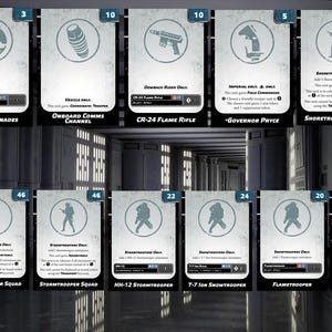 Puede incluir: Un conjunto de 10 cartas de unidad de Star Wars: Legion que presentan varias unidades, incluidos Stormtroopers, Shore Troopers y Flame Troopers. Las cartas son blancas con texto negro e iconos. Las cartas est&aacute;n numeradas y tienen un valor de puntos.