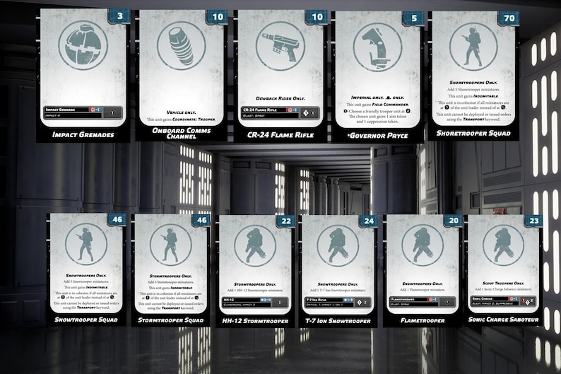Puede incluir: Un conjunto de 10 cartas de unidad de Star Wars: Legion que presentan varias unidades, incluidos Stormtroopers, Shore Troopers y Flame Troopers. Las cartas son blancas con texto negro e iconos. Las cartas est&aacute;n numeradas y tienen un valor de puntos.