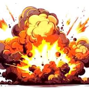 Peut inclure: Une illustration de style bande dessinée représentant une grande explosion avec un centre jaune vif et blanc, entouré de nuages tourbillonnants de fumée orange, rouge et brun foncé, avec des traînées de lumière rayonnant vers l'extérieur.