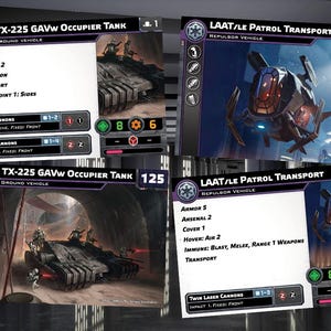 Puede incluir: Dos cartas de juego de miniaturas de Star Wars que representan el tanque TX-225 GAVW Occupier Tank y el transporte LAAT/le Patrol Transport. Las cartas son moradas y negras con texto blanco e im&aacute;genes de los veh&iacute;culos. La carta TX-225 GAVW Occupier Tank tiene una imagen del tanque en un t&uacute;nel y la carta LAAT/le Patrol Transport tiene una imagen del transporte volando en el aire.