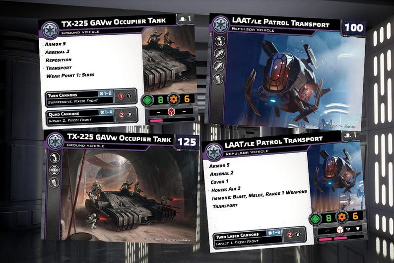 Puede incluir: Dos cartas de juego de miniaturas de Star Wars que representan el tanque TX-225 GAVW Occupier Tank y el transporte LAAT/le Patrol Transport. Las cartas son moradas y negras con texto blanco e im&aacute;genes de los veh&iacute;culos. La carta TX-225 GAVW Occupier Tank tiene una imagen del tanque en un t&uacute;nel y la carta LAAT/le Patrol Transport tiene una imagen del transporte volando en el aire.