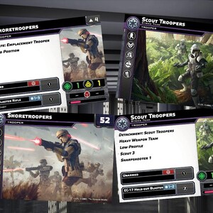 Puede incluir: Cuatro cartas de juego de Star Wars: Legi&oacute;n con Shore Troopers y Scout Troopers. Las cartas son moradas y blancas con texto negro e im&aacute;genes de los soldados. Las cartas incluyen informaci&oacute;n sobre las habilidades y estad&iacute;sticas de los soldados.