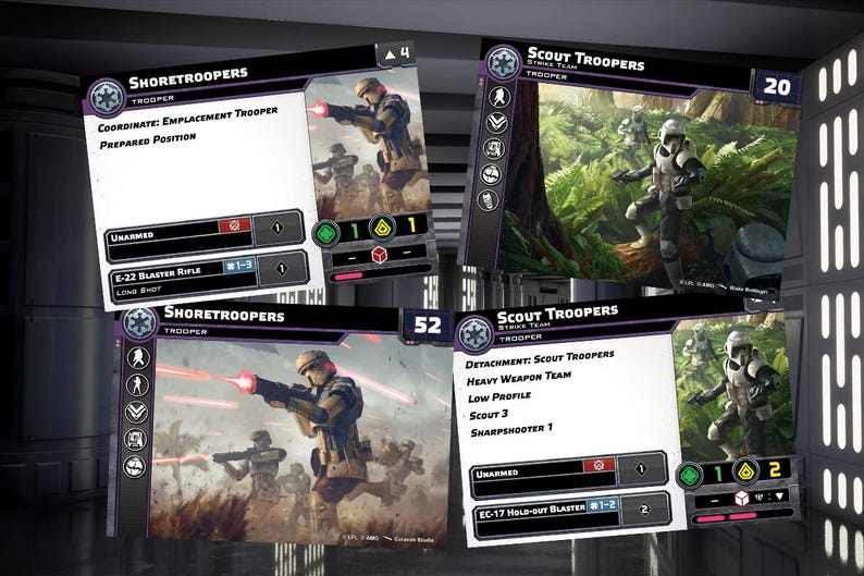 Puede incluir: Cuatro cartas de juego de Star Wars: Legi&oacute;n con Shore Troopers y Scout Troopers. Las cartas son moradas y blancas con texto negro e im&aacute;genes de los soldados. Las cartas incluyen informaci&oacute;n sobre las habilidades y estad&iacute;sticas de los soldados.