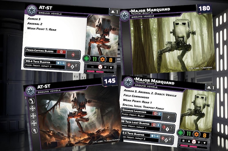Puede incluir: Dos cartas del juego Star Wars: Legi&oacute;n, con el caminante AT-ST. La primera carta muestra el AT-ST en un entorno de bosque, con el texto "Major Marquand" y "Tempest Scout 2" en la carta. La segunda carta muestra el AT-ST en un entorno m&aacute;s urbano, con el texto "AT-ST" y "Veh&iacute;culo terrestre" en la carta.