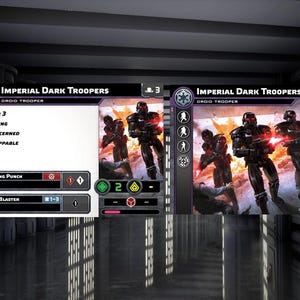 Puede incluir: Una carta coleccionable de Star Wars con Dark Troopers Imperiales, una unidad de droides soldados. La carta tiene un borde morado y presenta una imagen de los Dark Troopers en acci&oacute;n. El texto de la carta incluye las palabras "Armadura 3", "Inundaci&oacute;n", "Indiferente", "Imparable", "Pu&ntilde;o aplastante" y "Blaser E-11D".