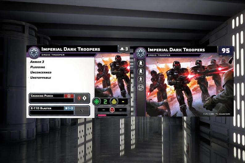 Puede incluir: Una carta coleccionable de Star Wars con Dark Troopers Imperiales, una unidad de droides soldados. La carta tiene un borde morado y presenta una imagen de los Dark Troopers en acci&oacute;n. El texto de la carta incluye las palabras "Armadura 3", "Inundaci&oacute;n", "Indiferente", "Imparable", "Pu&ntilde;o aplastante" y "Blaser E-11D".