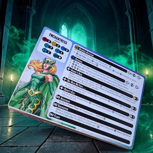 May include: A rectangular game card featuring the character Enchantress, depicted with long blonde hair and a green costume. The card displays various game statistics, icons, and text including Spurned Affection, Amora's Kiss, and Siren's Call.