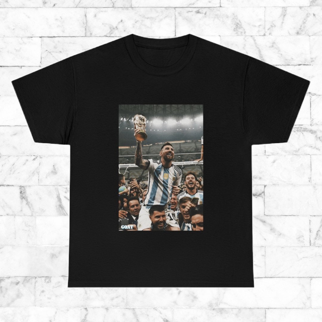 Lionel Messi 2022 World Cup Champion Lifting Trophy Graphic Tee Shirt