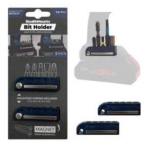 May include: Two blue StealthMounts bit holders for Bosch 18V Pro tools. The holders are magnetic and include mounting screws. The packaging shows the bit holders attached to a Bosch drill.