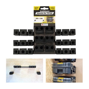 May include: A pack of 12 black plastic mounts for DeWalt TSTAK tool boxes. The packaging states "StealthMounts Mounts for TSTAK" and "3-Pack". The mounts are displayed in a grid pattern on the packaging. The image also shows the mounts attached to a wooden surface and holding two DeWalt TSTAK tool boxes.