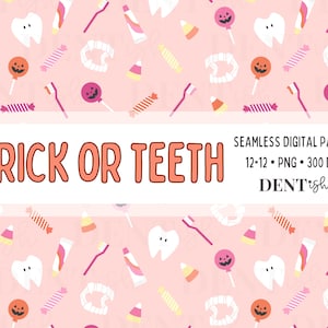 Padrão dental de Halloween, fundo dentário, padrão sem emenda dental, PNG de Halloween dental, design de tecido para sublimação, higiene dental