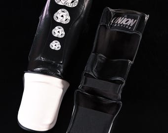 UNION fighting Full Leather Thai Shin Guards Black and White