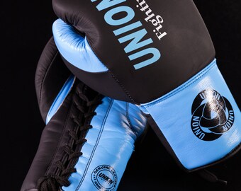Hand made UNION fighting Lace up Leather Boxing Gloves  Black/Baby Blue Combo