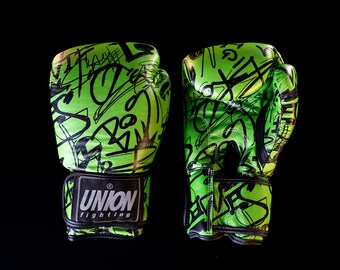 Handmade Graffiti Green Leather Boxing Gloves: Union Fighting