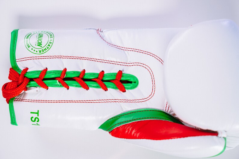 May include: White boxing gloves with red and green accents. The gloves have a lace-up closure and the text "TS1" is printed on the side. The gloves are made of genuine leather.