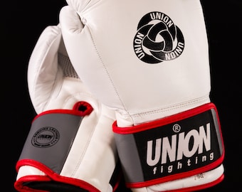 Handmade Premium Leather Boxing Gloves, White & Grey, Sparring