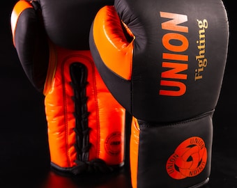 Hand made UNION fighting Lace up Leather Boxing Gloves  Black/Orange Combo