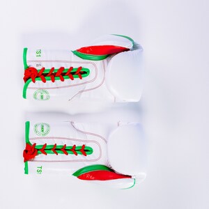 May include: A pair of white boxing gloves with red and green trim. The gloves have laces and the text "TS1" is printed on the side.