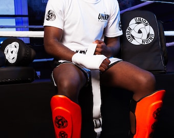 UNION fighting Full Leather Thai Shin Guards Blood Orange