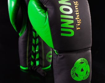 Hand made UNION fighting Lace up Leather Boxing Gloves  Black/Green Combo