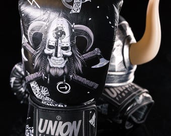 Hand made UNION fighting Full Leather Limited Edition Black Death Thai Boxing Gloves