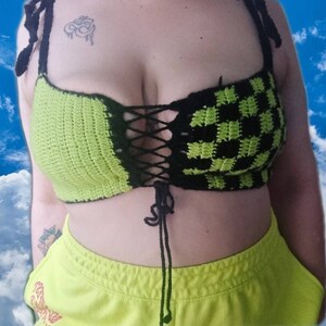 Checkerboard crochet lace-up top