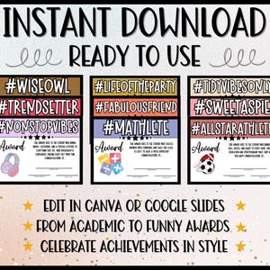 Instant Download | Ready to Use Student Awards | Includes #WiseOwl, #Trendsetter, #Mathlete, #LifeOfTheParty, #TidyVibesOnly & More | Fun & Motivational