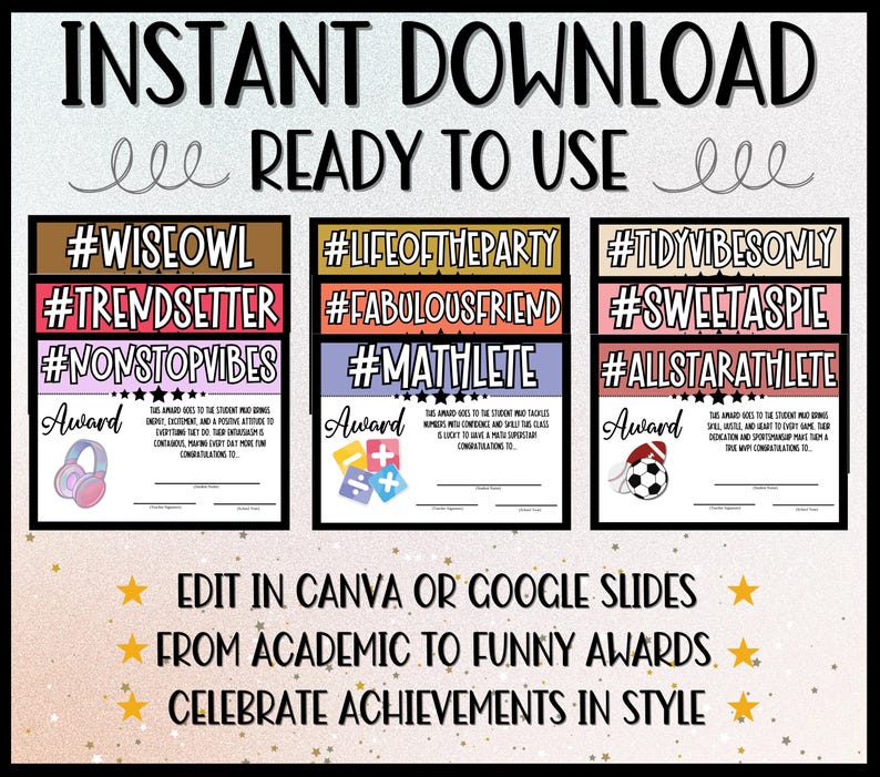 Instant Download | Ready to Use Student Awards | Includes #WiseOwl, #Trendsetter, #Mathlete, #LifeOfTheParty, #TidyVibesOnly & More | Fun & Motivational
