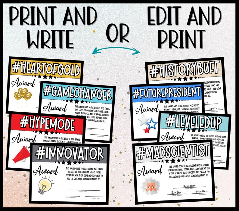 Print and Write or Edit and Print | Fun Student Awards | End-of-Year Recognition Certificates for Elementary & Middle School | PDF & Canva