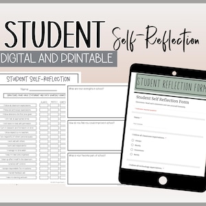 May include: A black and white printable student self-reflection form with a checklist of classroom expectations and a section for students to reflect on their strengths, areas for improvement, and favorite parts of school.