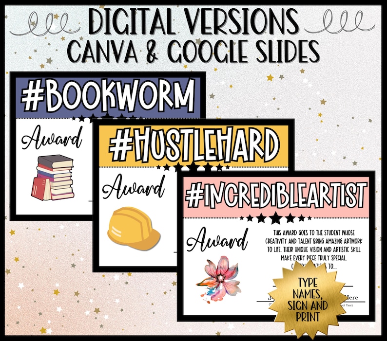 Digital Versions Editable in Canva & Google Slides | Includes Awards Like #Bookworm, #HustleHard, #IncredibleArtist | Perfect for Student Recognition