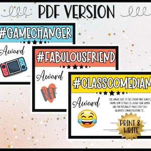 PDF Version Available | Print & Write Classroom Awards | Includes #GameChanger, #FabulousFriend, #ClassComedian | Fun, Unique Student Recognition