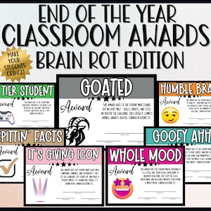 Könnte beinhalten: Ein Satz druckbarer Klassenpreise mit humorvollen Titeln wie "S Tier Student", "Goated", "Humble Brag", "Spittin' Facts", "It's Giving Icon", "Whole Mood" und "Goofy Ahh". Jede Auszeichnung hat ein farbenfrohes Design und einen Platz, um den Namen des Schülers einzutragen.