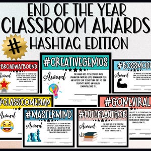 Puede incluir: Un conjunto de certificados de premio de clase imprimibles con fondos coloridos y hashtags. Los certificados presentan varios iconos y texto como "#BroadwayBound", "#CreativeGenius", "#BossMode", "#ClassComedian", "#Mastermind", "#FutureAuthor" y "#GoneViral".