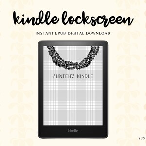 May include: A black and white Kindle e-reader with a gray and white plaid background. The background has a black chain of beads on top. The text "AUNTEHZ KINDLE" is in the center of the screen.
