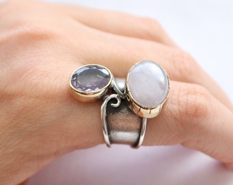 Mondstein Amethyst Silberring, Mondstein Edelsteinring, Amethyst Edelstein Ring, 925 Sterling Silber Ring, Mutter von Amethyst Ring