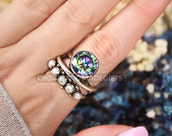 Pearl Silver Ring, Mystic Topaz Silver Ring, Five Stone Pearl Silver Ring, 925 Sterling Solitaire Silver Ring, Mother of Pearl Ring