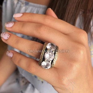 Handmade Three Stone CZ Ring, Bold Statement Ring, 925 Sterling Silver Ring, Cocktail Ring, Gift for Her, Chunky Silver Ring