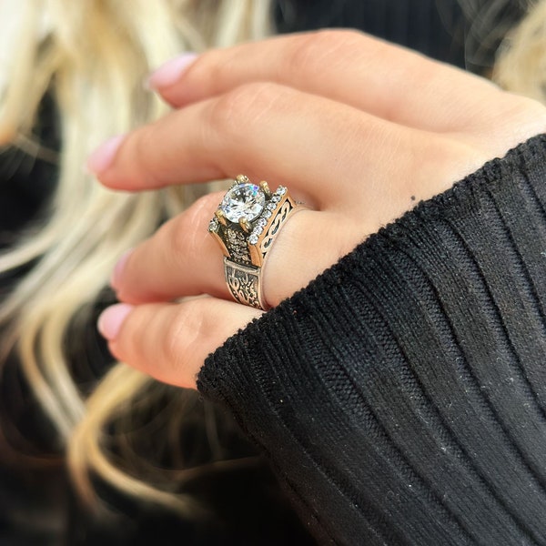 Anillo de plata solitario, anillo CZ de una piedra, anillo de circón cúbico, anillo auténtico de estilo antiguo, anillo de plata único vintage, anillo de plata de ley 925