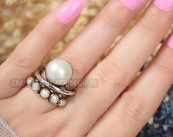 Natural Pearl Ring, White Pearl Ring Silver, Handmade Vintage Silver Ring, Baroque Freshwater Pearl Ring, Statement Ring, Multi Stone Rings