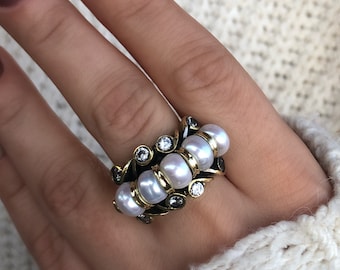 Pearl Ring, Pearl Silver Ring, Vintage Silver Pearl Ring, Five Stone Pearl Ring, 925 Sterling Statement Ring, Anxiety ring, Authentic Ring