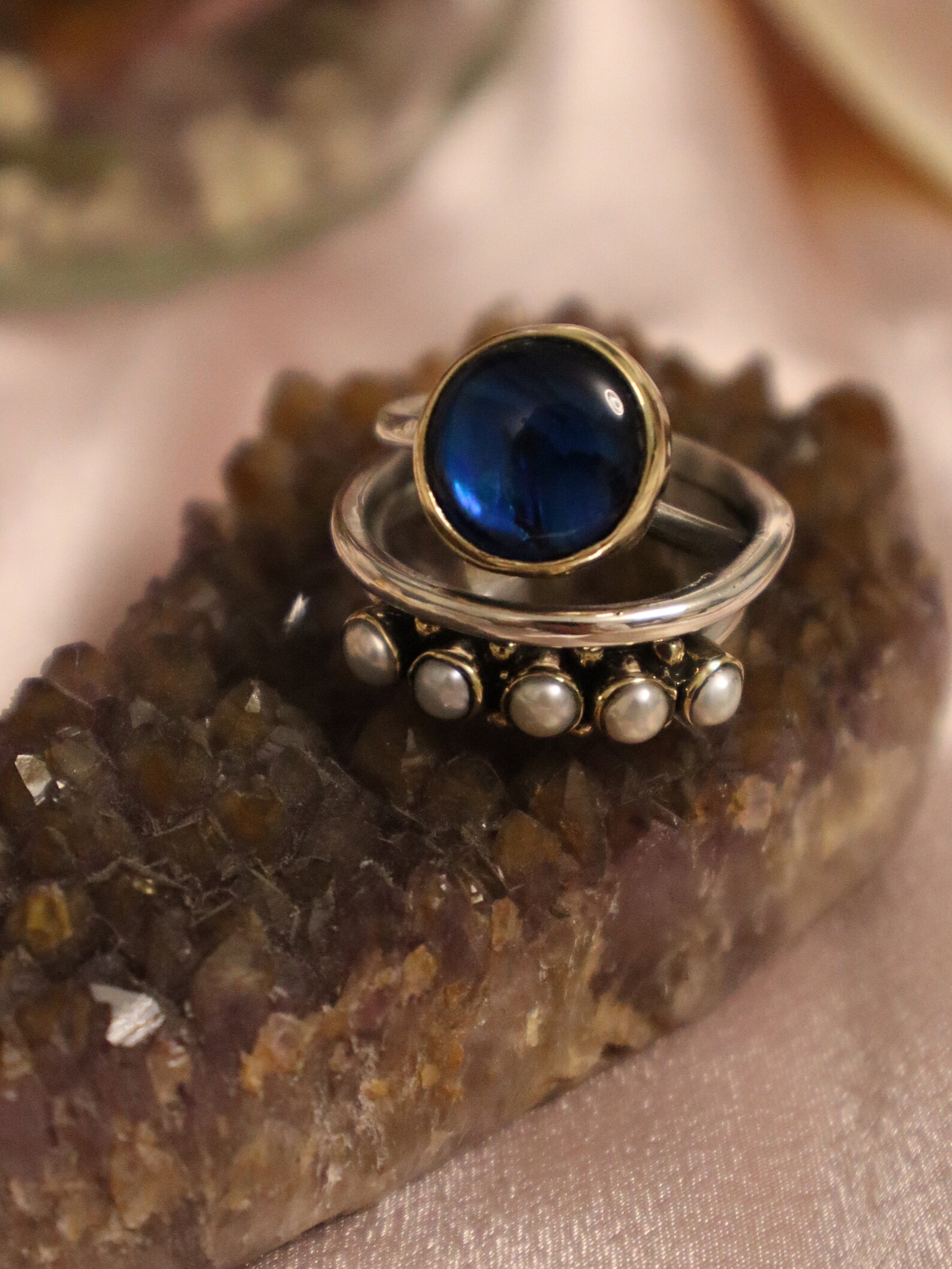 Ocean Silver Ring Pearl Silver Ring Five Stone Blue Ocean Etsy