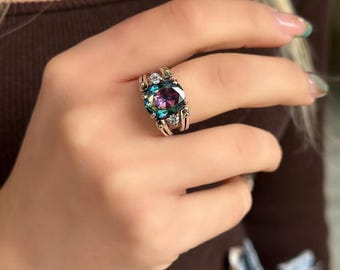 Anello straordinario, anello reversibile, anello due in uno, anello in argento, argento sterling 925, anello con topazio mistico, anello con topazio, anello flip