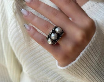 Three Stone Pearl Ring 925 Sterling Silver | Freshwater Pearl Ring | Statement Pearl Ring | Wide Band Ring | Handmade Ring | Boho Ring